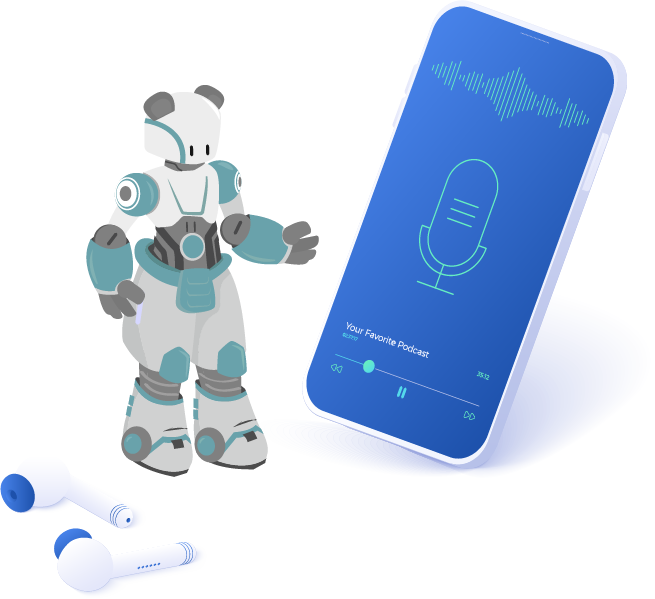 Ilustración de auriculares bluetooth y mascota expert de la empresa frente a un móvil reproduciendo un podcast